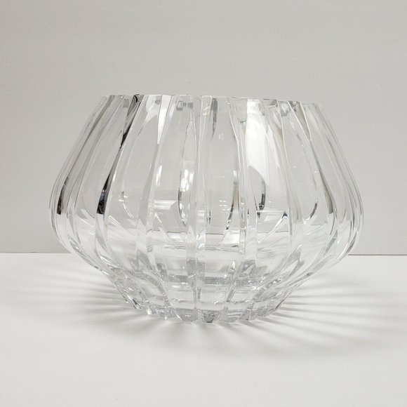 Vintage Ceska Czech Crystal Glass Rose Bowl Vase Vertical Lines Signed - Picture 4 of 8